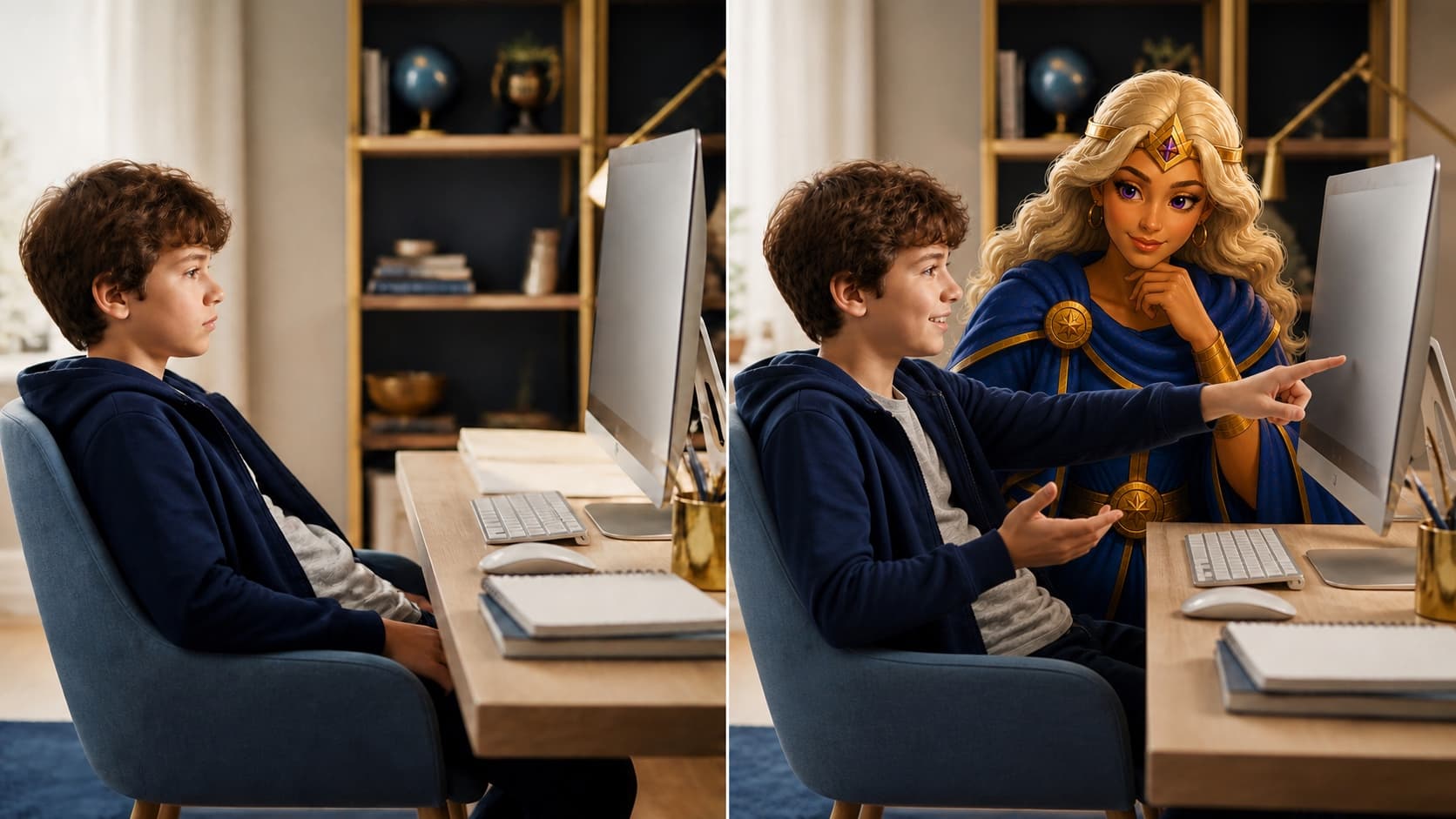The same child first sitting passively at a computer, then actively showing Athena what he created
